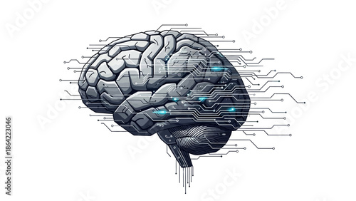 Cyborg brain with glowing circuits and microchips implanted