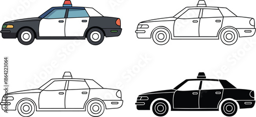 Police Car silhouette & Outline and illustration set isolated on transparent background