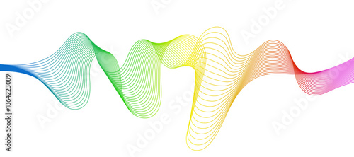Abstract flowing wavy lines with rainbow gradient color. Digital frequency track and voice equalizer. Stylish Vector background.