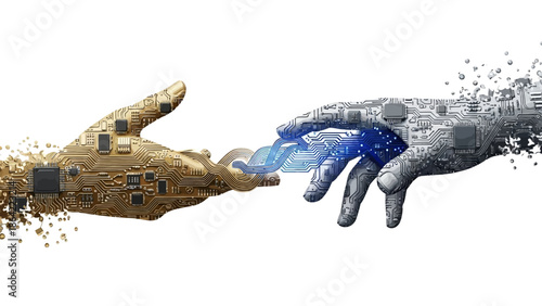 Circuit board hands connect with blue light particles