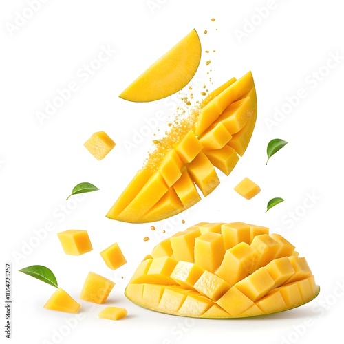 Bright Yellow Mango Slices Falling in Mid-Air Isolated on White Background