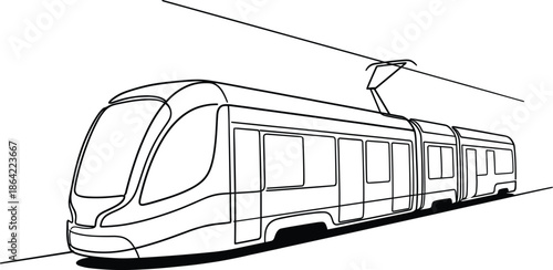 Modern Electric Tram One Line Drawing Vector Illustration of Urban Public Transport System Isolated on White Background for City Design