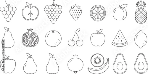 Minimalist Fruit Line Icon Set Featuring Apple Orange Strawberry Grape Banana Watermelon and Pineapple for Healthy Lifestyle Digital Web Design Graphics