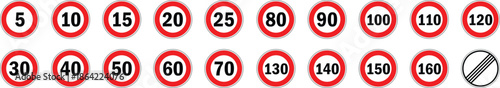 Set of speed limit signs. Road speed from 5-160kmh and no speed limit. Generic speed limit sign with red circle and black number. Road signs with speed limit warnings. Depicting speed limits ranging