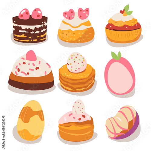 Set of cute illustrated Easter desserts including cakes, pastries and decorated eggs. Sweet festive food icons in warm pastel colors, perfect for holiday design, cards, packaging and seasonal projects