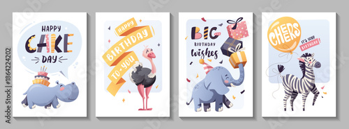 Set of Birthday greeting card with cute jungle animals. Hippopotamus, elephant, zebra, ostrich, cake, gifts, balloon. Vector illustration.

