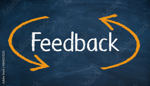 Dark blue chalkboard with white feedback and yellow circular arrows white text yellow arrows