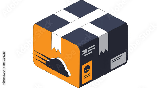 Isometric view of a closed parcel package with tape and labels