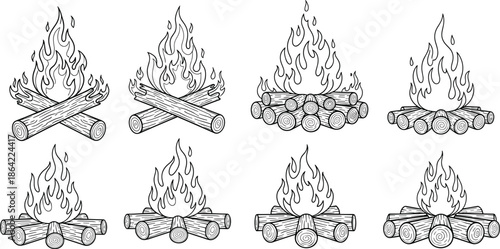 Set of Hand Drawn Campfire and Bonfire Illustrations with Wood Logs and Burning Flames in Vintage Engraving Style for Outdoor Adventure Design