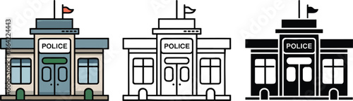 Police station silhouette & Outline and illustration set isolated on transparent background