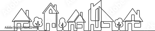 Minimalist Continuous One Line Drawing of Suburban Houses and Trees Urban Neighborhood Skyline Vector Illustration for Real Estate and Architecture