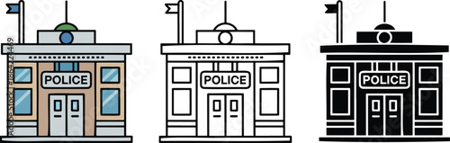 Police station silhouette & Outline and illustration set isolated on transparent background