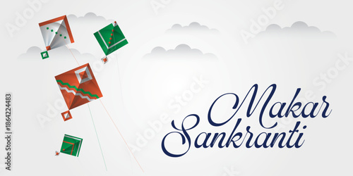 Happy Makar Sankranti Greeting Design with Colorful Flying Kites on White Background