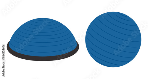 Fitness ball and half ball balance trainer for strength and stability exercises in blue colours. Sport equipment for home and gym training. Flat vector illustration isolated on a white background.