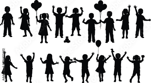 Happy children silhouettes holding balloons celebrating childhood joy playful moments kids party concept isolated on white background illustration collection