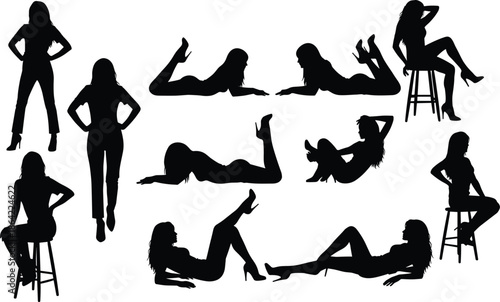Sexy female silhouette poses collection featuring confident women sitting standing and lying fashion modeling concept isolated on white background