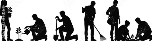Gardening silhouettes set showing people planting watering digging and caring for plants symbolizing eco friendly lifestyle sustainability and outdoor work activities