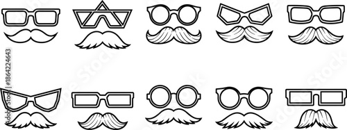 Set of Minimalist Black and White Hipster Glasses and Mustache Icons for Gentlemens Fashion Style Barber Shop Branding and Retro Character Design