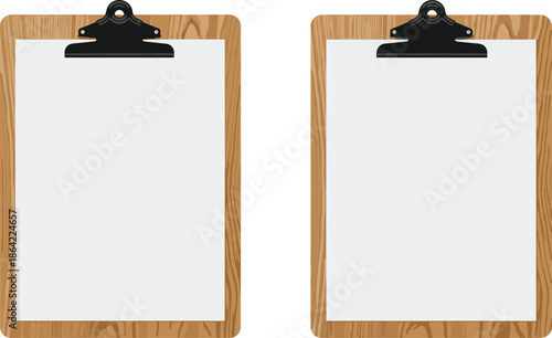 Clipboard vector illustration, blank paper mockup, wooden office clipboards, comparison layout design, stationery icon, educational writing tool