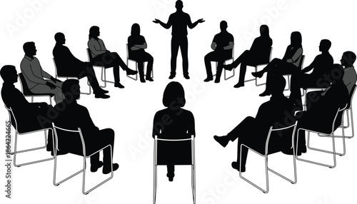 Group discussion silhouette illustration, people sitting in circle, therapy session, business meeting, support group, communication concept graphic