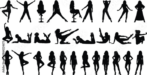 Female silhouettes collection, women standing sitting lying poses, fashion model positions, elegance, beauty, lifestyle, fitness illustration set
