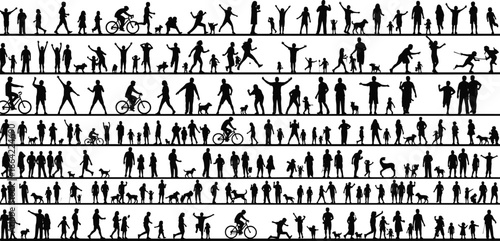 Large set of diverse human silhouettes showing people walking cycling families children pets daily life activities urban lifestyle concept illustration
