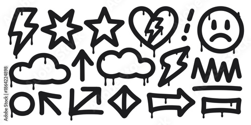A collection of hand drawn black and white graffiti style doodles and symbols