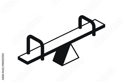 A simple black and white illustration of a classic playground seesaw