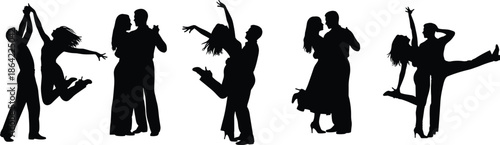 Romantic couple dance silhouettes expressing love passion and joyful movement isolated on white background for relationship celebration concept design