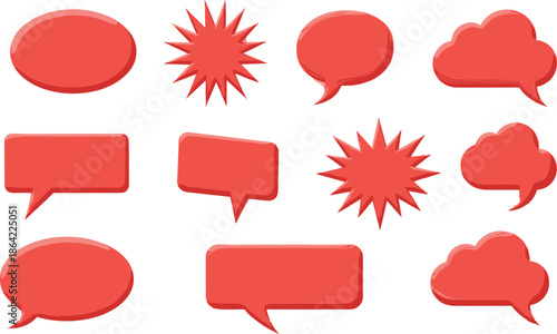 Red speech bubble vector set, thought cloud clipart, comic dialog icons, glossy balloon shapes, communication design elements, cartoon style