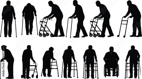 Elderly people silhouettes using walkers canes and wheelchairs illustrating senior mobility assistance healthcare aging concept isolated on white background