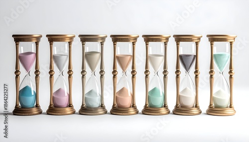 Colorful hourglasses displaying time passage and concept of deadline on white