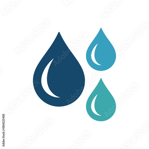 Three stylized water droplets in varying shades of blue and teal