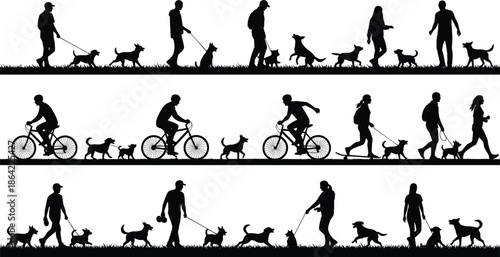 People walking dogs and cycling in silhouette set showing daily outdoor activities pet care lifestyle isolated on white background