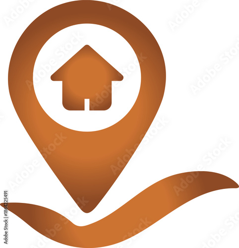 Warm brown gradient icon of a location pin with a house silhouette, symbolizing home address, property location, real estate, finding a residence, or pinpointing a local dwelling