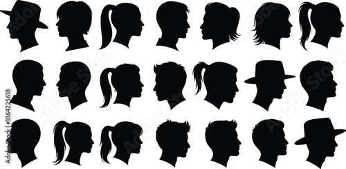 Human head silhouette profile set showing diverse male and female hairstyles identity concept minimal black vector illustration