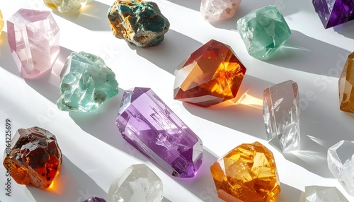 Colorful crystals collection in natural sunlight for design and background
