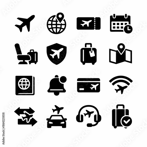 Travel icons set: airplane, passport, luggage, map, calendar, wifi, location