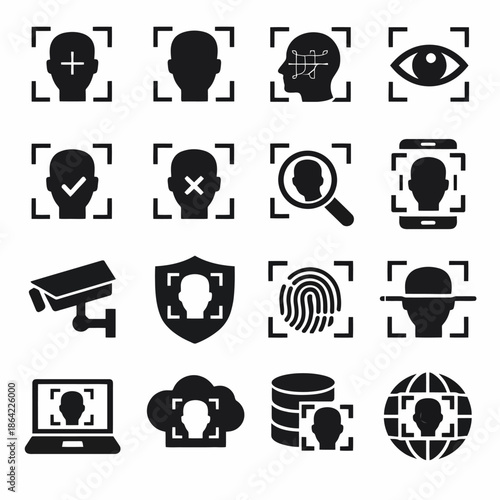 Facial recognition icons set featuring profiles, scanners, and security elements