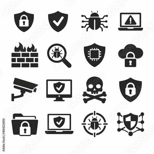 Cybersecurity icons: lock, shield, firewall, malware, cloud, camera, laptop, network