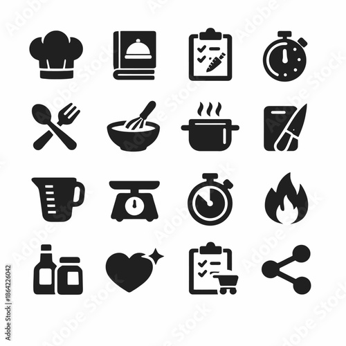 Kitchen tools and cooking icons including utensils, recipes, timer, and scale symbols