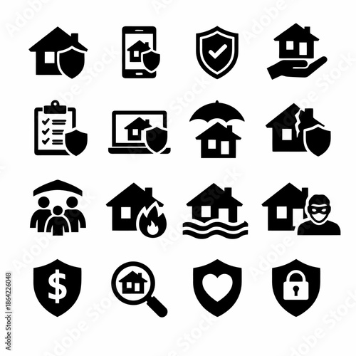 Home insurance icons: protection, security, and safety symbols collection