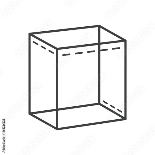 A simple line drawing depicts an open cubic geometric shape in black