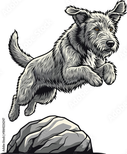 Otterhound dog jumping over obstacle athletic illustration