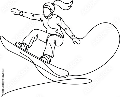 Continuous line drawing of female snowboarder jumping in mid air winter extreme sport minimalist vector illustration design sketch