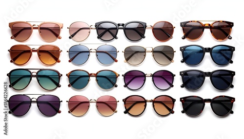 Collection of various sunglasses on white background studio shot overhead