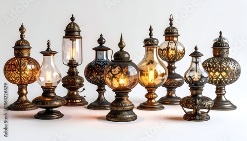 Decorative antique lanterns displayed on a white background for design