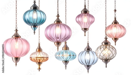 Decorative hanging lanterns in various colors isolated on white background