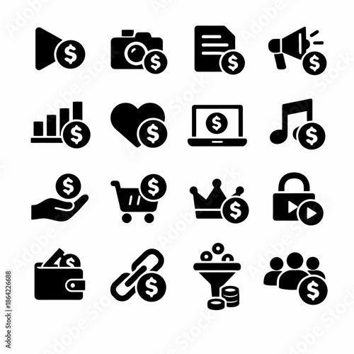 Monetization icons set: shopping, music, marketing, finance, media, security symbols
