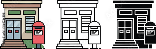 Post office silhouette & Outline and illustration set isolated on transparent background